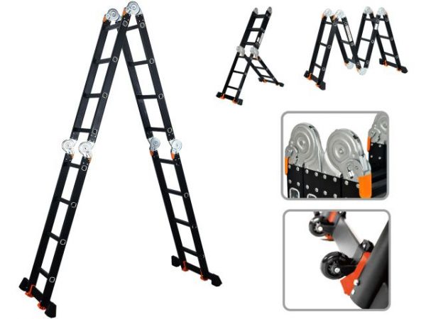 Лестница алюм. многофункц.4х4 ступ.(стрем.-229см,лестн.-465см) 13,8кг BLACK LINE STARTUL (ST9930-04)(усиленное шарнирное соединение, прорезиненные колеса и доп.стабилизаторы)