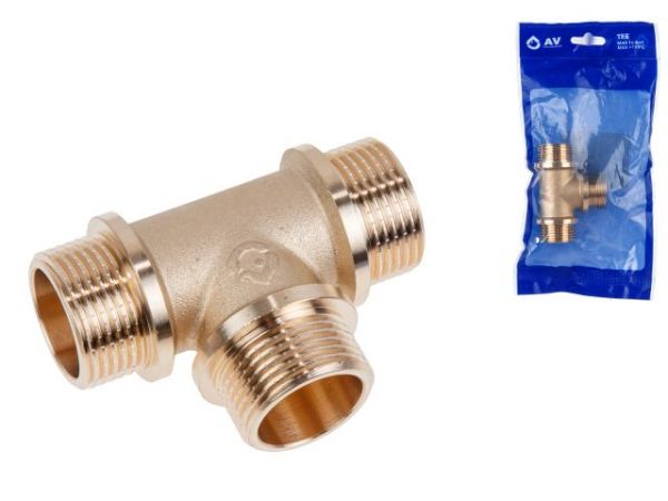 Тройник 3/4' нар.-нар.-нар. с ограничителем, AV Engineering (инд. упак.)(Латунь, макс.  16 бар, макс.  110 °С)
