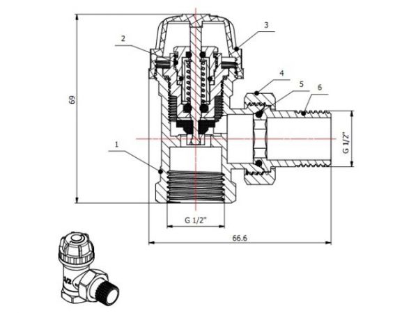 Кран вентильный угловой 1/2' вн.-нар. для радиатора под термоголову, AV Engineering(Латунь, макс.  16 бар, макс.  110 °С, M30x1.5, Подача)