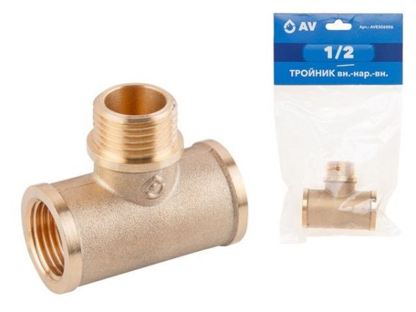 Тройник 1/2' вн.-нар.-вн., AV Engineering (инд. упак.)(Латунь, макс.  16 бар, макс.  110 °С)