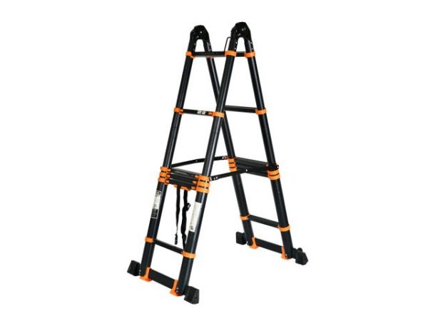 Лестница телескопическая 2-х секц. алюм. 290/580см, 2х7 ступ. 19,2кг BLACK LINE STARTUL (ST9932-058)(усиленное шарнирное соединение, ширина ступени 8см, прорезиненные колеса и доп.стабилизаторы)