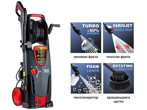Очиститель высокого давления ECO HPW-1825RSE(2.50 кВт, 180 бар, 520 л/ч, режимы Soft / Medium / Hard; самовсасывание; барабан д/шланга с подключ.)