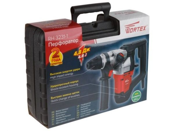 Перфоратор WORTEX RH 3231-1 в чем. + (2 зубила, 3 сверла) 1000 Вт, 4.8 Дж, 32 мм, 2 режима, SDS-plus(вес 4.5 кг)