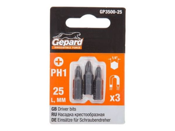Насадка крестообразная PH1 25мм  3шт GEPARD (GP3500-25)(бита Phillips сталь S2 магнитная)