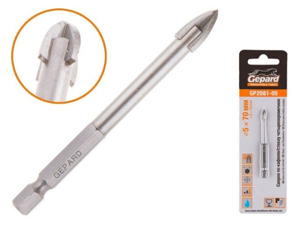 Сверло по кафелю/стеклу 5х70мм четырехкромочное шестигр. GEPARD (GP2081-05)(Impact, по керамической плитке, крестовая пластина)