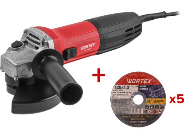 Одноручная углошлифмашина WORTEX AG 1207-5 в кор. 720 Вт, 125 мм, 10 000 об/мин(Пылезащита двигателя и подшипника, 5 отрезных кругов в ПОДАРОК!)