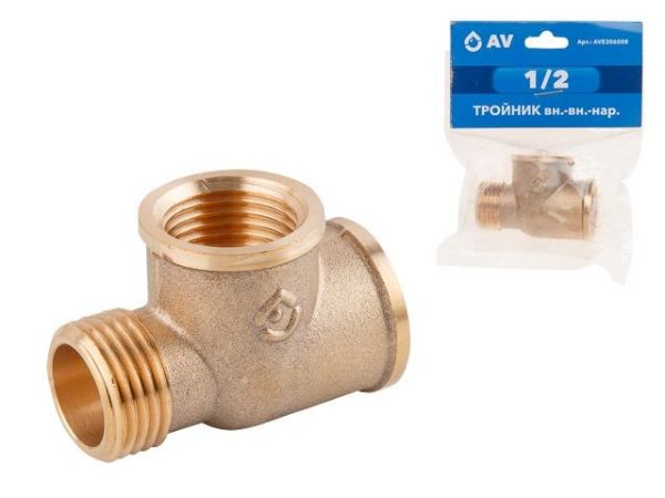 Тройник 1/2' вн.-вн.-нар., AV Engineering (инд. упак.)(Латунь, макс.  16 бар, макс.  110 °С)