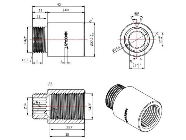 Удлинитель 1/2' вн.-нар. х 30 мм, AV Engineering (инд. упак.)(Латунь, макс.  16 бар, макс.  110 °С)