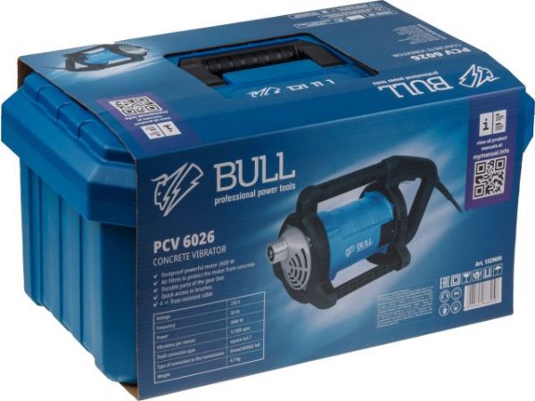 Вибратор глубинный BULL PCV 6026 в чем. 2600 Вт, 12000 об/мин, до 58 мм(Валы до 10 метров, подшипники NSK Japan)