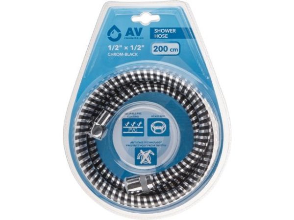 Шланг душевой, PVC, 1/2' г-г 200 см, хром-черн., AV Engineering(Гайка латунь (anti-twist), 10 бар)