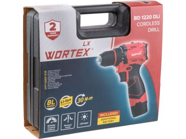 Дрель-шуруповерт WORTEX LX BD 1220 DLi 12В, 30 Нм, 2*1.5 Ач, патрон 10 мм, бесщёт. (12 В, БЕСЩЁТ.ДВИГ., с 2х1.5 Ач акб, НЕ подходит к линейке ALL1)