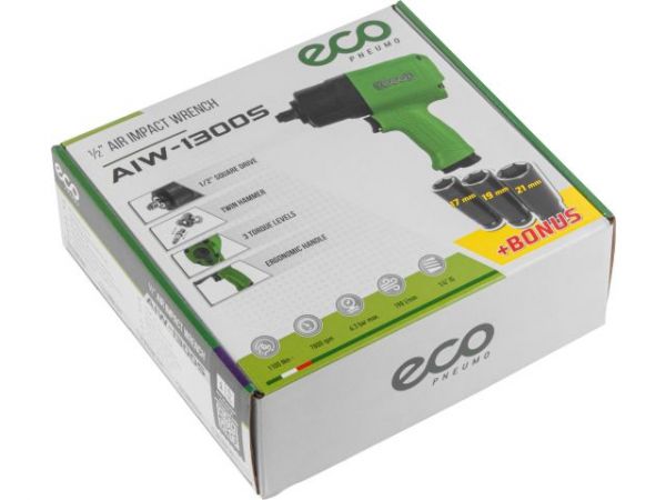 Пневмогайковерт 1/2' ECO AIW-1300S(1100 Нм; Ударный мех-м: twin hammer; 198 л/мин; 7800 об/мин; Макс. резьба: М16)