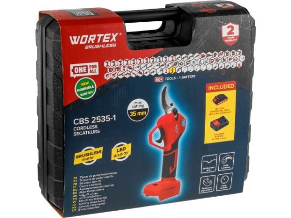 Секатор WORTEX CBS 2535-1 в чем. БЕСЩЕТ., 18 В, ветки до 35 мм, 1х2 А*ч